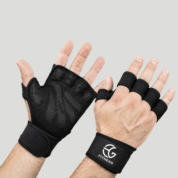 Black fingerless gym gloves worn on two hands, showing the textured palm side on one hand and the padded finger sides on the other, with a white 'EG FITNESS' logo on the wrist strap, against a solid gray background.