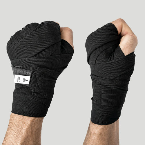 A pair of black fingerless boxing wraps shown on two clenched fists against a light gray background.