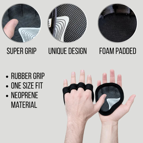 Black neoprene fingerless cycling gloves shown on two hands, with three circular detail insets highlighting a rubberized grip, a unique textured design, and a foam padded interior. Text on the left lists features like rubber grip, one size fit, and neoprene material.