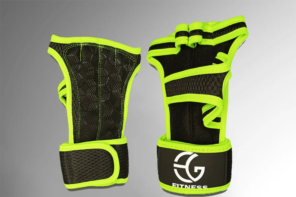 Black and green fitness gloves with a brand logo on a gray background