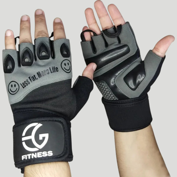 A pair of fingerless gym weightlifting gloves shown on hands against a light gray background. One glove is oriented palm-up with a black wrist strap and a white 'EG FITNESS' logo, while the other is palm-down, showing gray and black padded finger sections and grip panels.